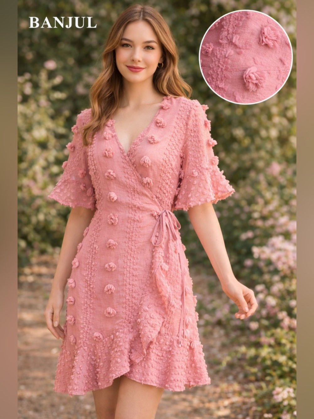 Banjul Pink Textured Swiss Dot Wrap Dress Romantic Ruffle Hem Flutter Size M